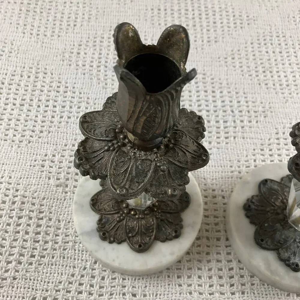 Marble Candlestick Holders Bronze A.B. Moulds Intricate Floral Pair 7